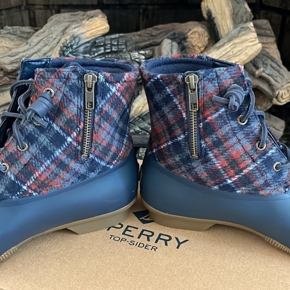Brand New Sperry Saltwater Wool Plaid Duck Boot Waterproof Blue Winter Rain - Picture 14 of 15